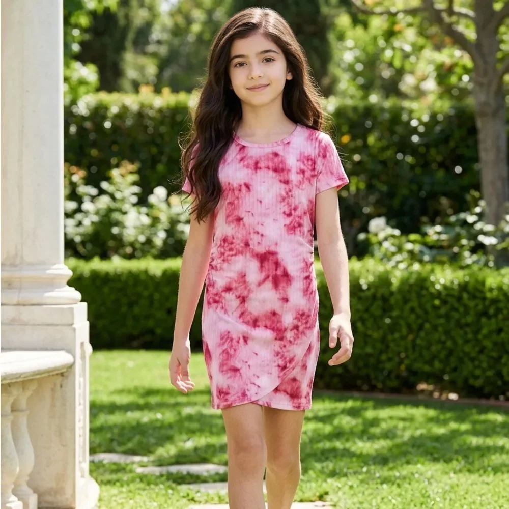 NWT Youth Girls 2 Dresses Green & Pink Tie Dye A Size 5/6